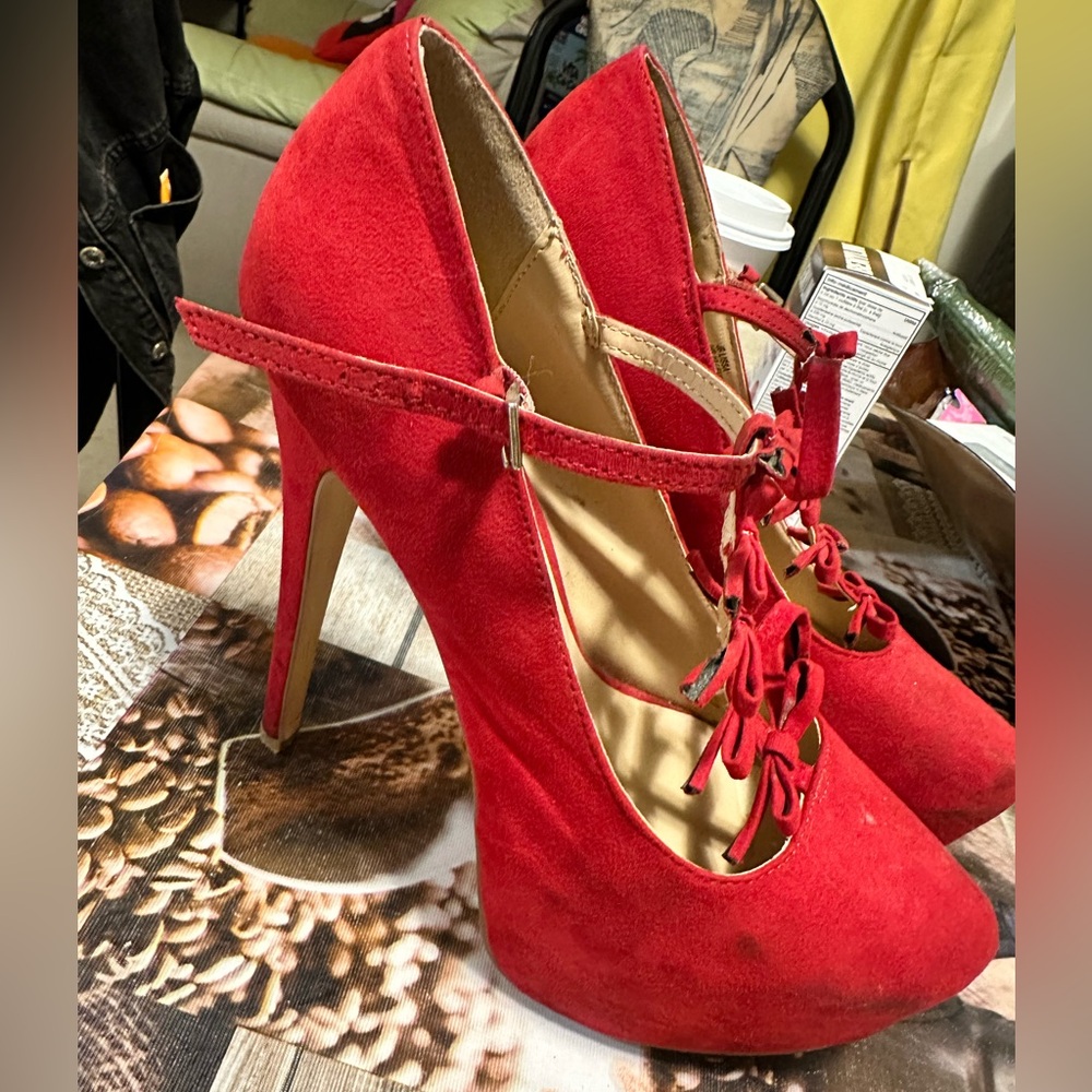 Red Platform Heels with bow tie designs